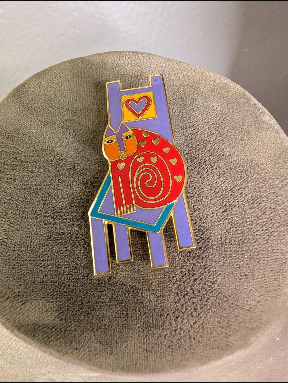 Vintage Laurel Burch Signed Colorful Cat on Chair Enamel Pin Brooch Folk Art
